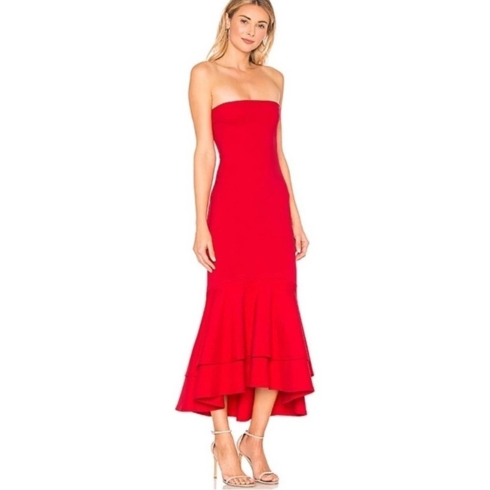 Lovers + Friends Dillion Red Strapless Mermaid Midi Gown Mob Wife Coquette Poppy